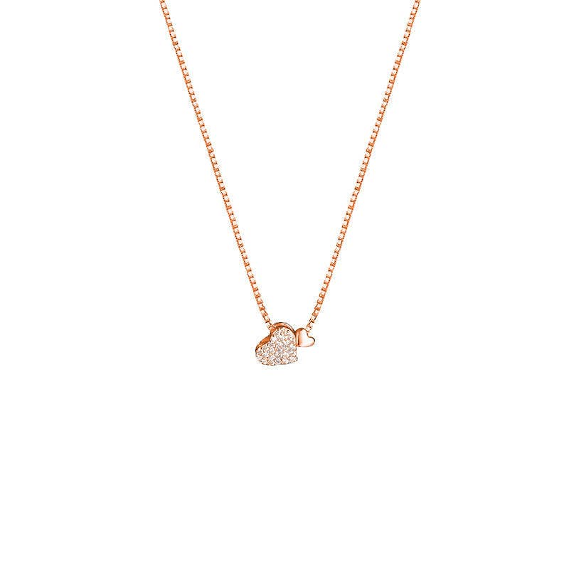 Pave Double Heart Box Chain Necklace in 925 Sterling Silver: Gold