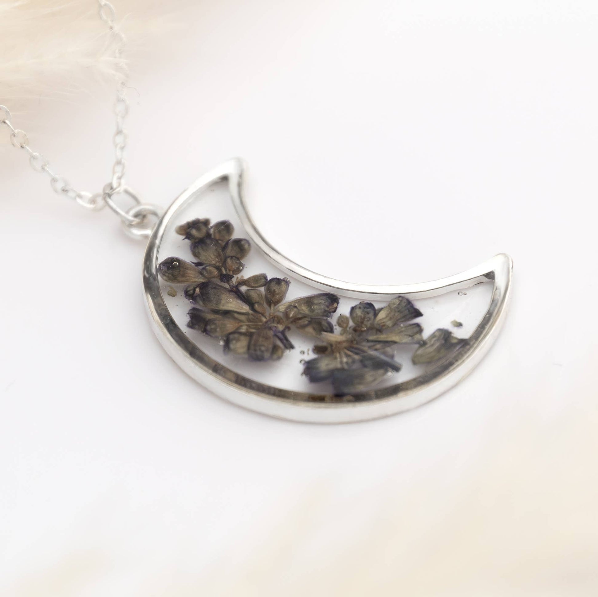 Silver crescent moon necklace with real pressed lavender