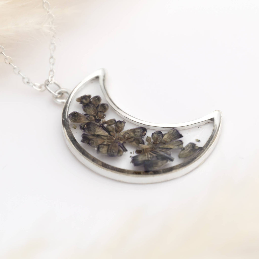 Silver crescent moon necklace with real pressed lavender