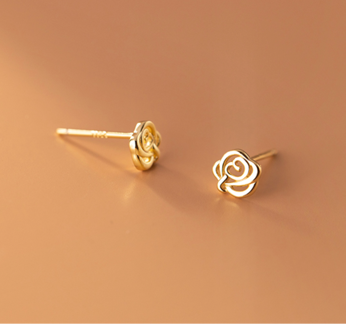 Sterling Silver Rose Stud Earrings: Gold