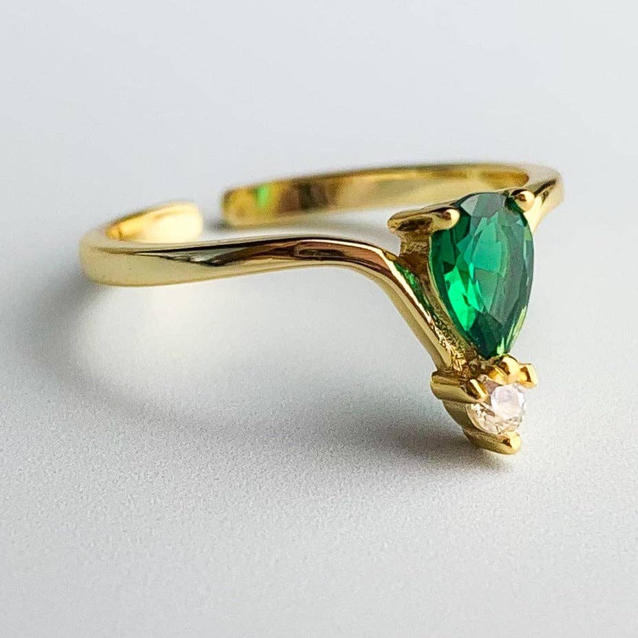 Gold with Green and White Crystal Adjustable Ring
