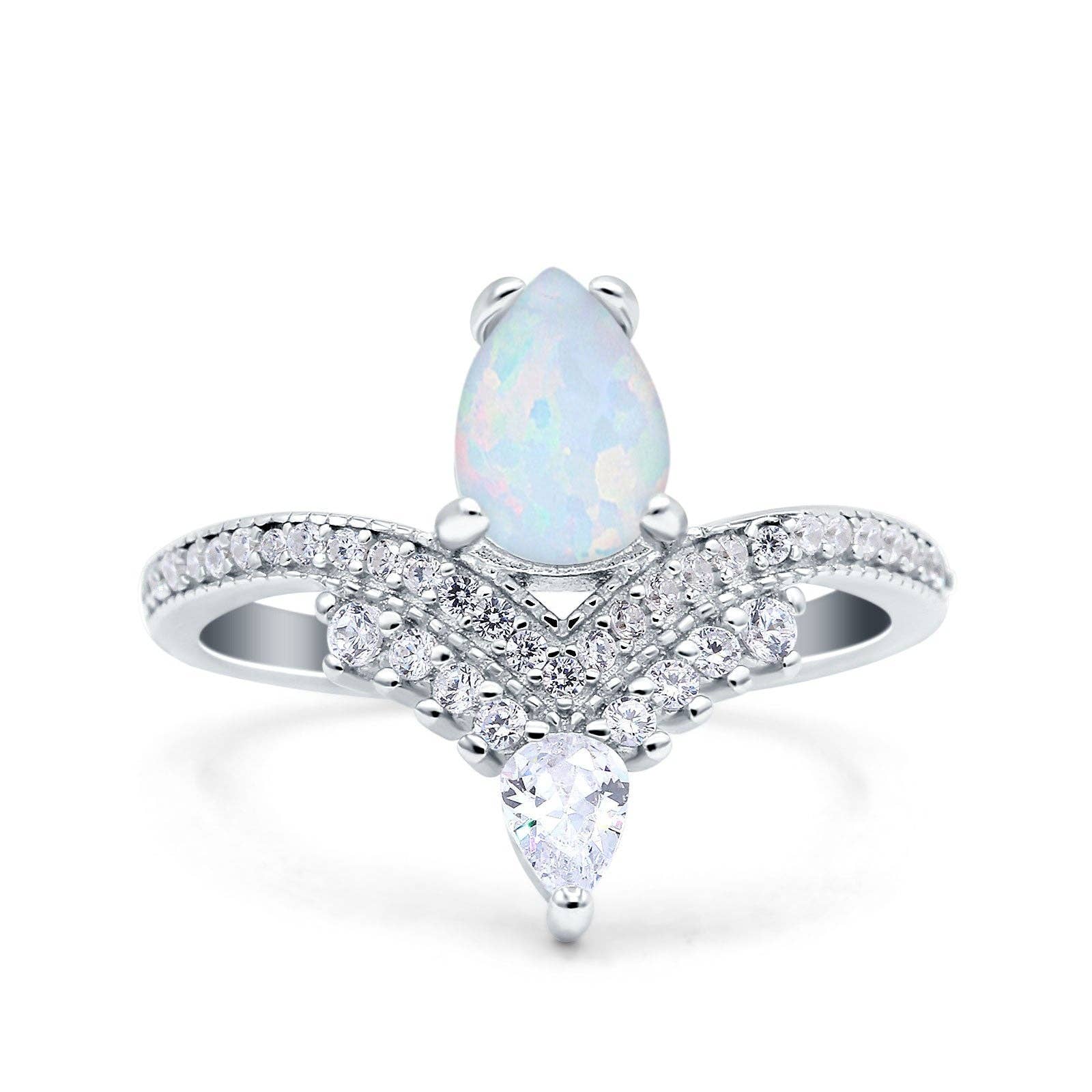 Art Deco Solitaire Accent Pear Wedding Bridal Ring Band Lab Created White Opal: Lab Created White Opal /size p