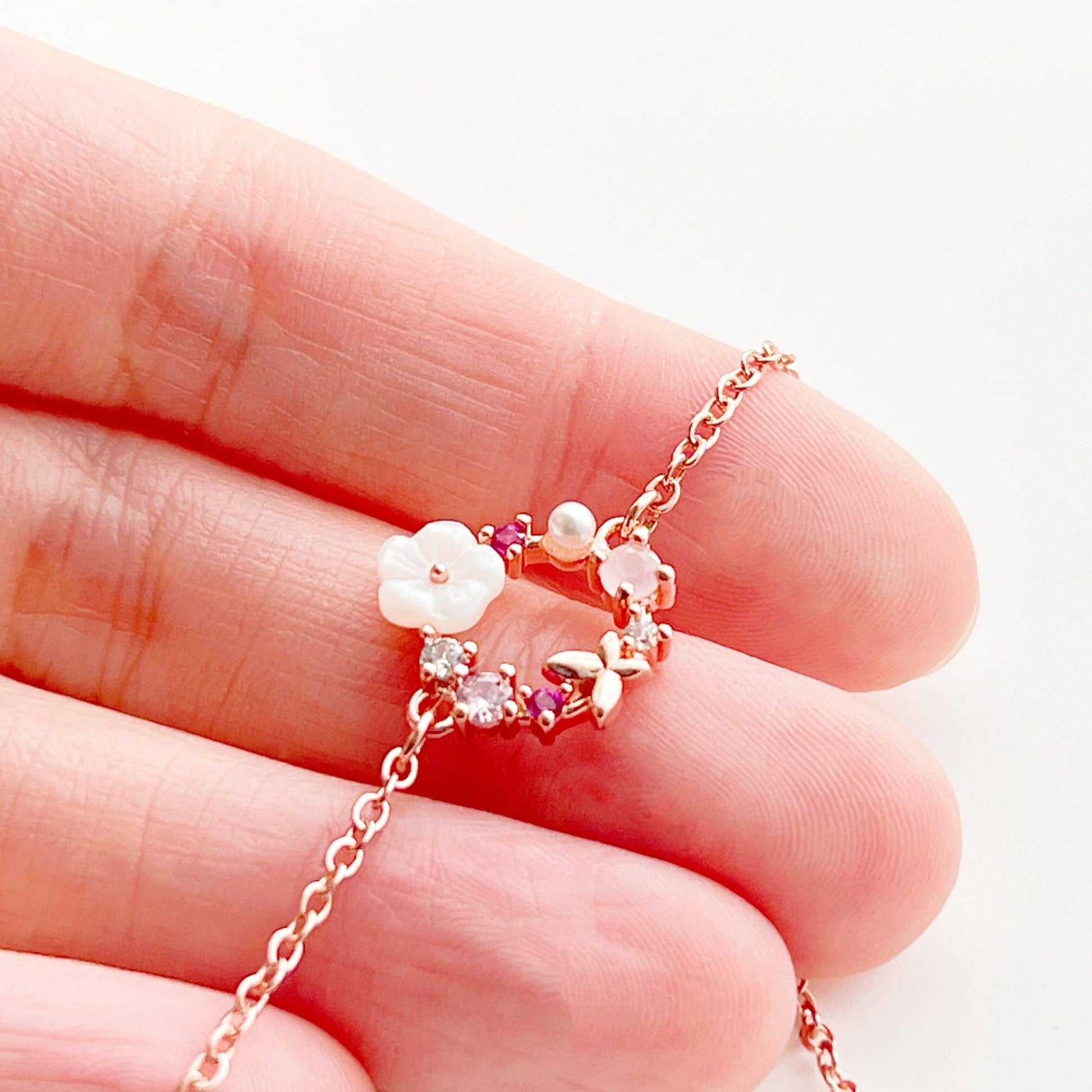 Rose Gold Flower Wreath Bracelet - Adjustable Chain