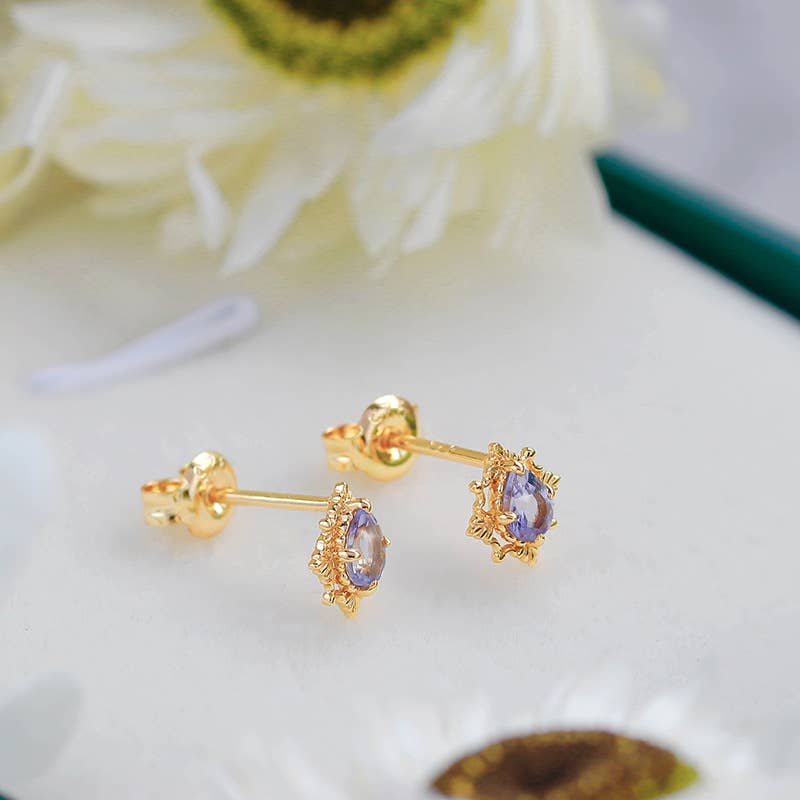 925 Sterling Silver 14K Gold Plated Tanzanite Ring Necklace: Necklace