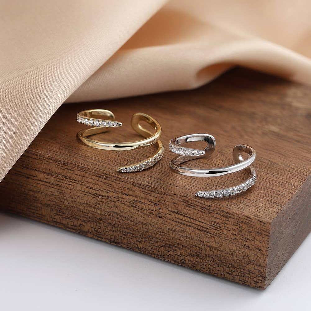 S925 Sterling Silver Zircon Plated 14k Gold Ring: Silver Adjustable size: L and above