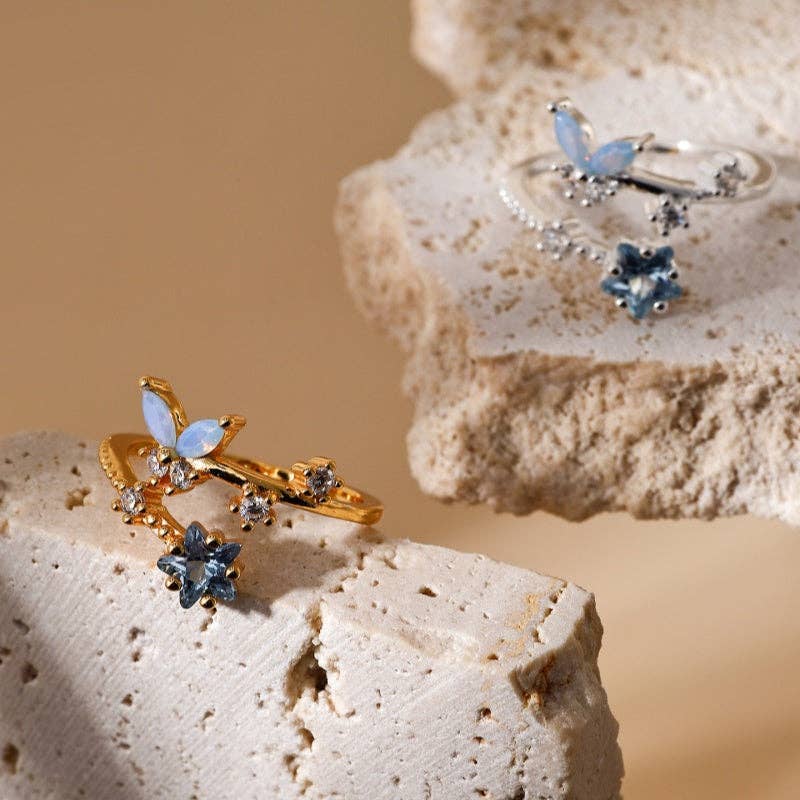 Butterfly Star Stacking Bypass Ring in 925 Sterling Silver: Gold / Blue size G