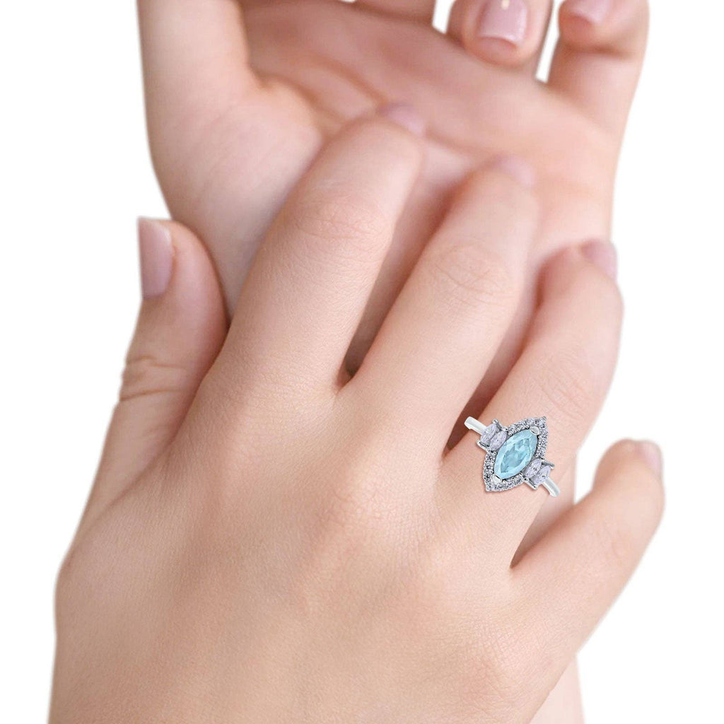 Marquise Vintage Wedding Ring Simulated Aquamarine CZ: Simulated Aquamarine CZ size L