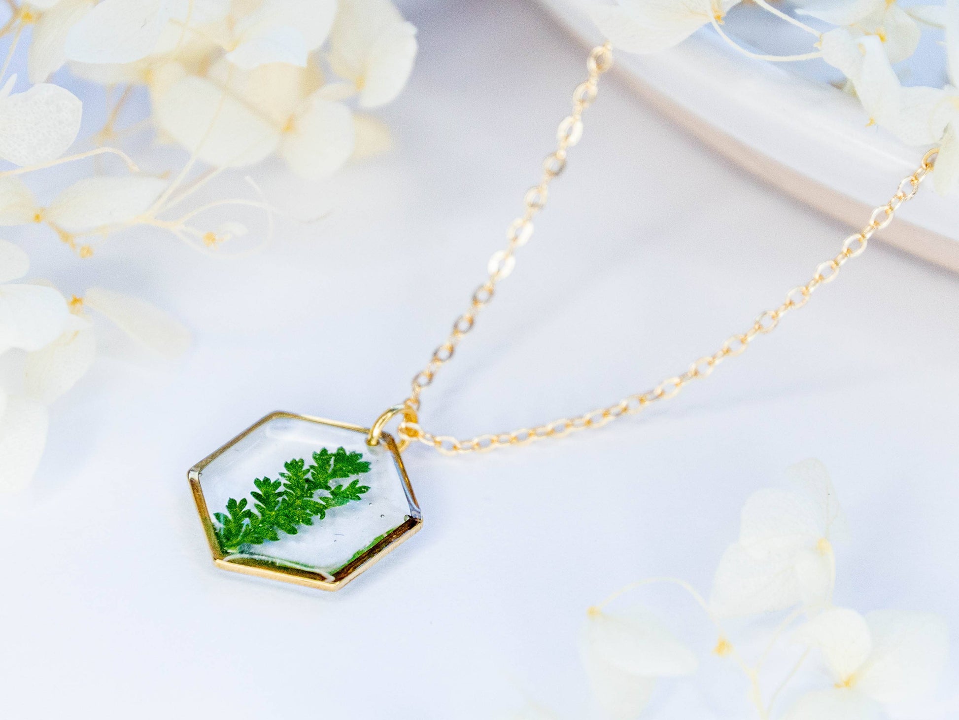 Mia dainty hexagon necklace with real fern in clear resin: Silver Plated