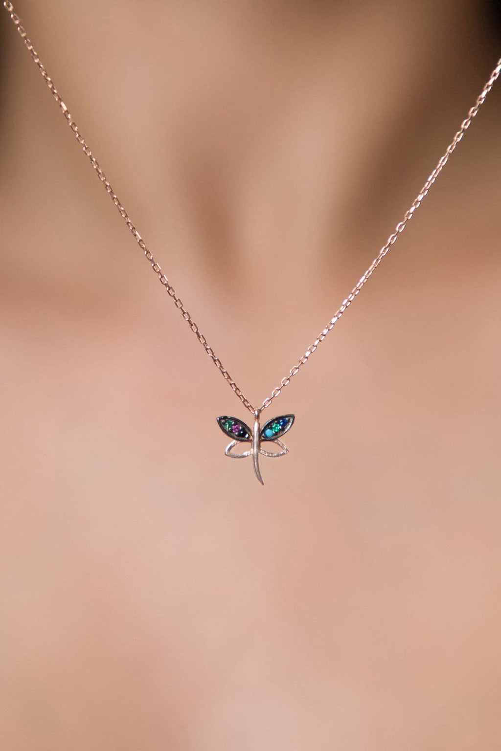 Women's Dragonfly Model Mix Stone Rose Plated 925 Sterling Silver Necklace: SILVER
