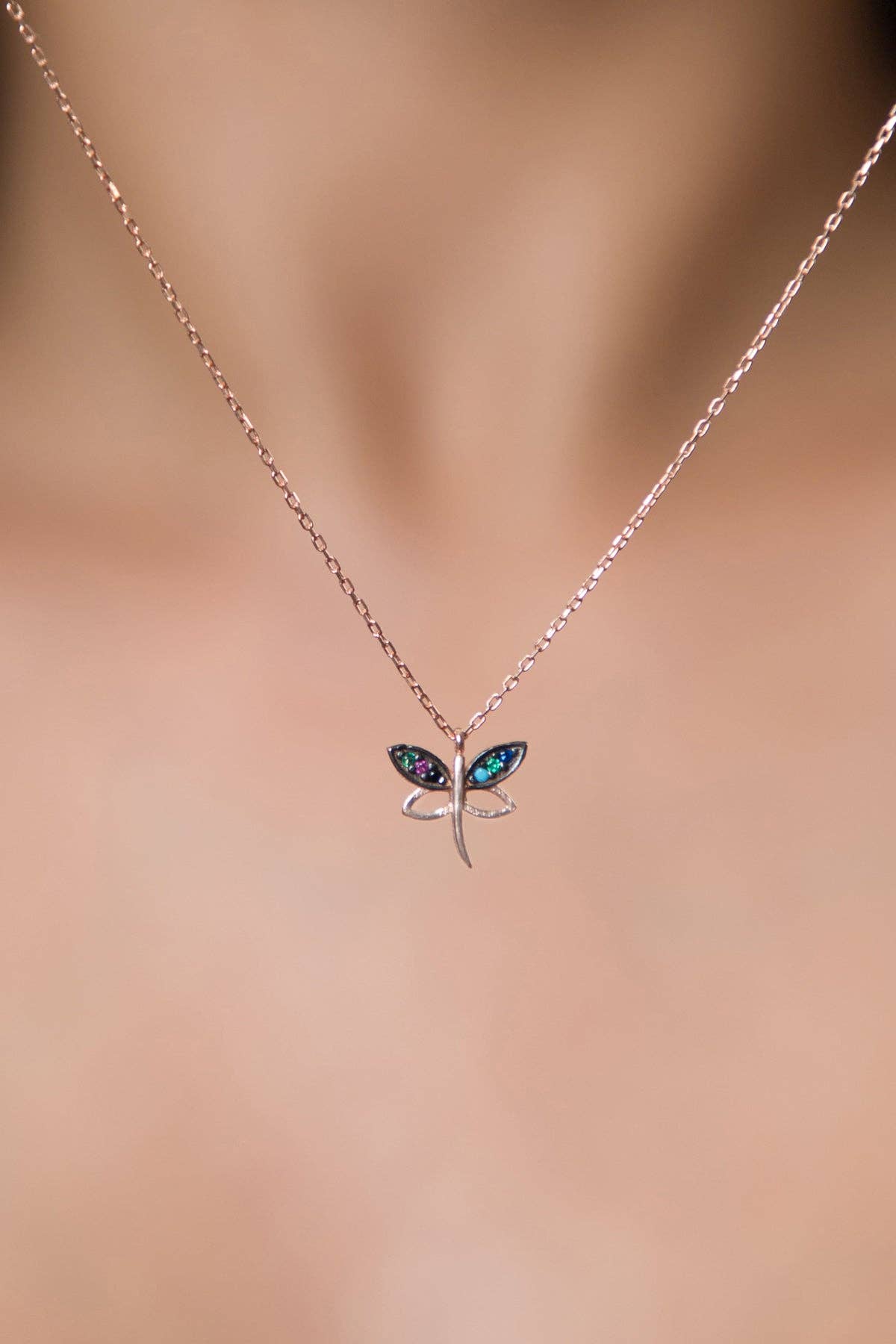 Women's Dragonfly Model Mix Stone Rose Plated 925 Sterling Silver Necklace: SILVER