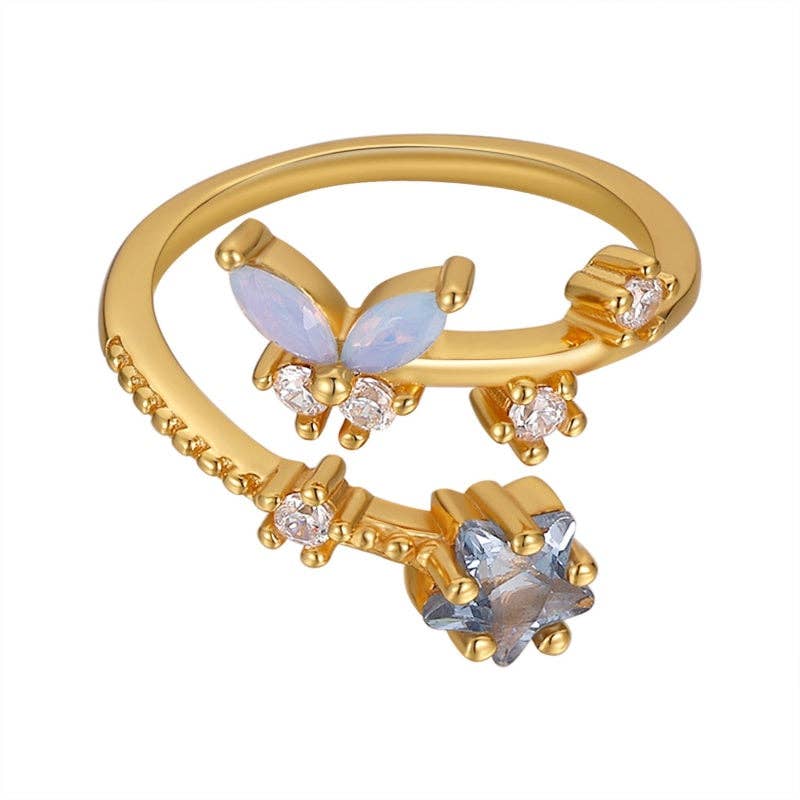 Butterfly Star Stacking Bypass Ring in 925 Sterling Silver: Gold / Blue size G