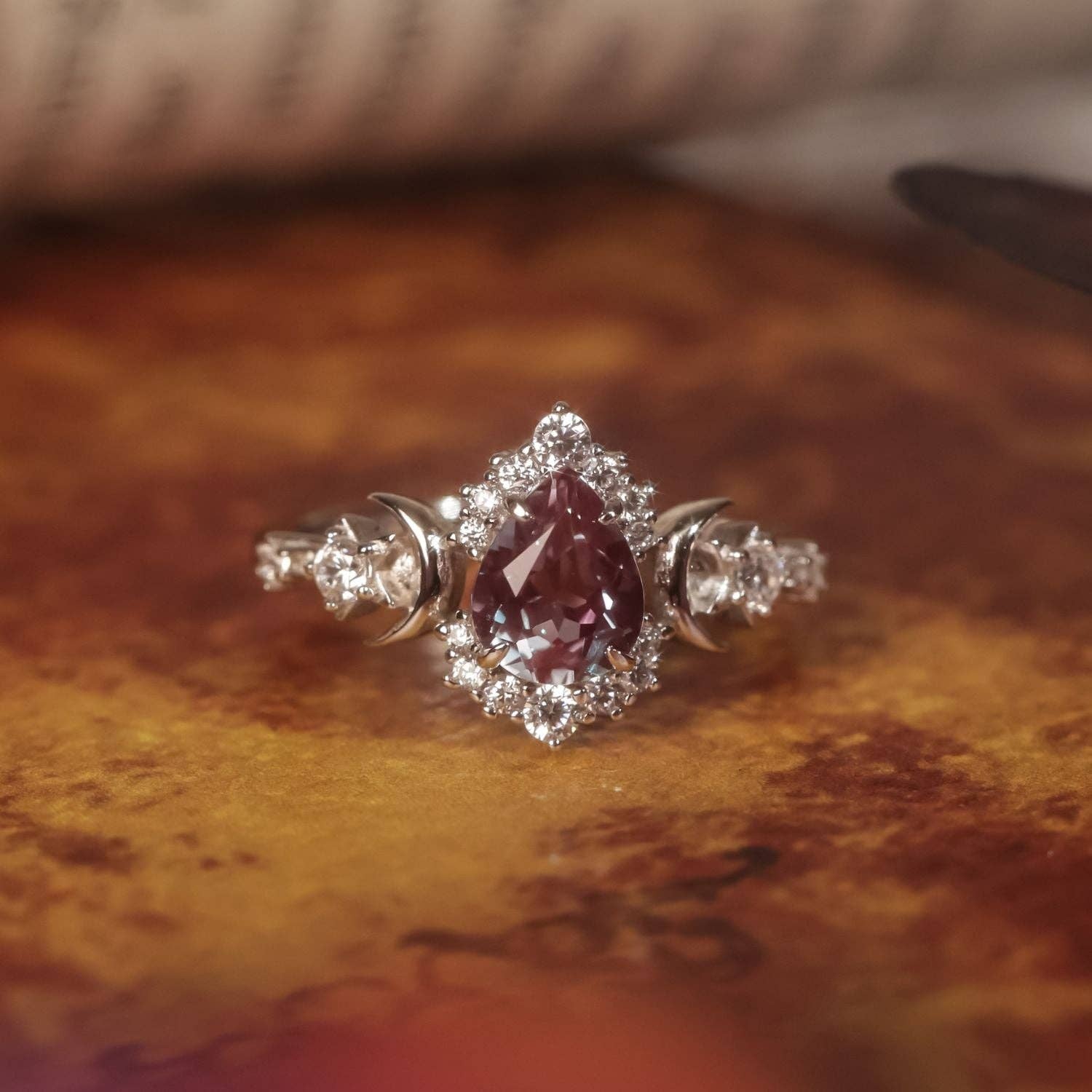 Galactic Pear Cut Alexandrite Ring: White Gold Vermeil / size P