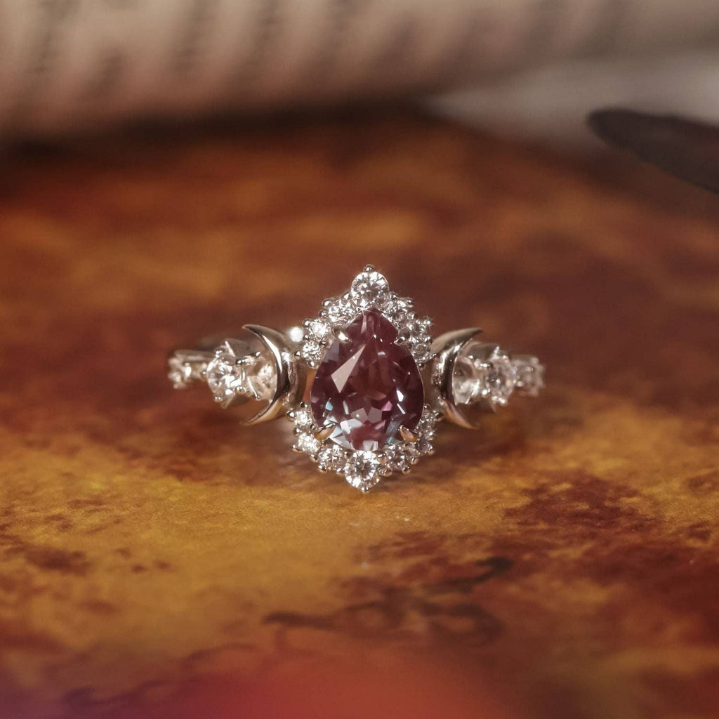 Galactic Pear Cut Alexandrite Ring: White Gold Vermeil / size P