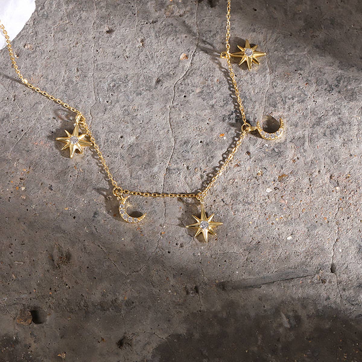 S925 Sterling Silver Gold Star and Moon Necklace: Yellow Gold
