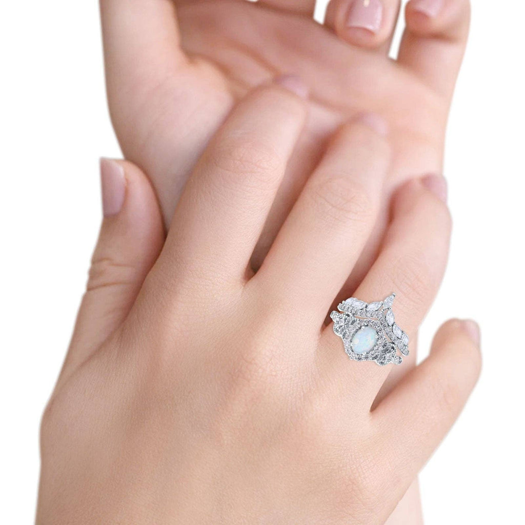 Oval Accent Vintage Lab Created White Opal Wedding Band Bridal Ring: Lab Created White Opal size o1/2