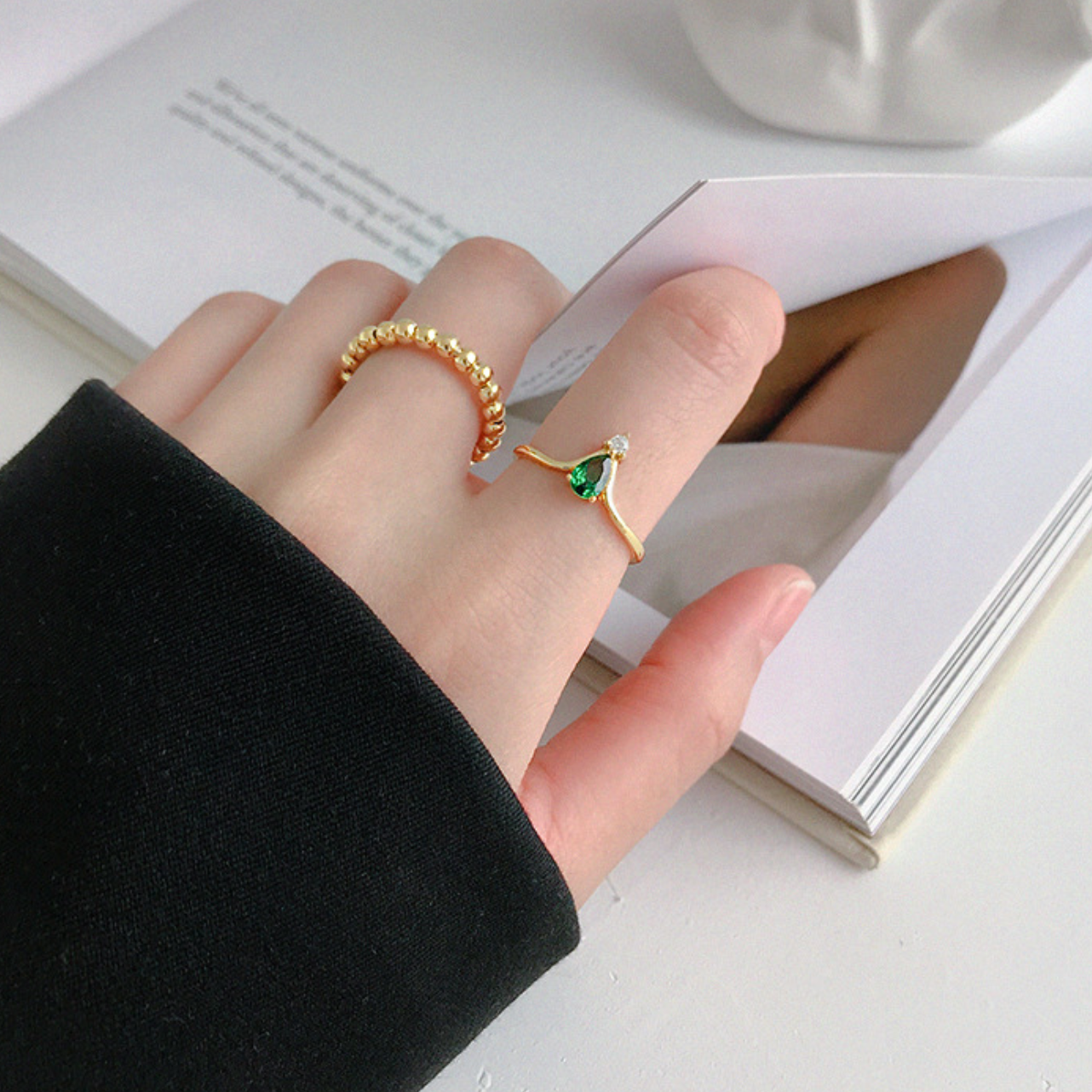 Gold with Green and White Crystal Adjustable Ring