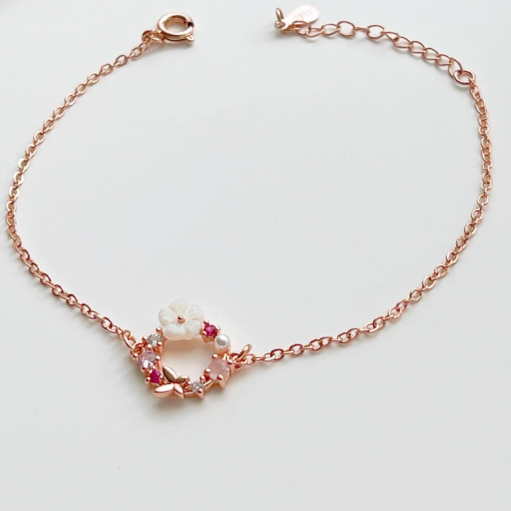 Rose Gold Flower Wreath Bracelet - Adjustable Chain