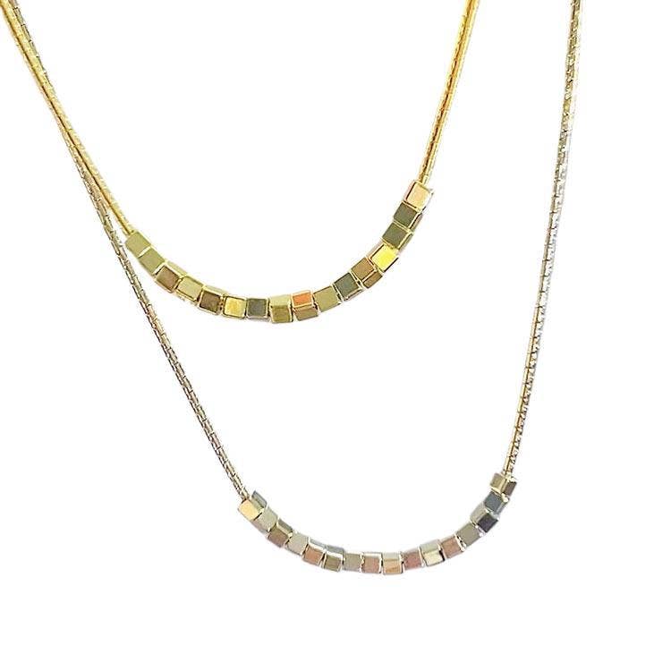 Geometric Cube Bead Bar Necklace in 925 Sterling Silver: Gold