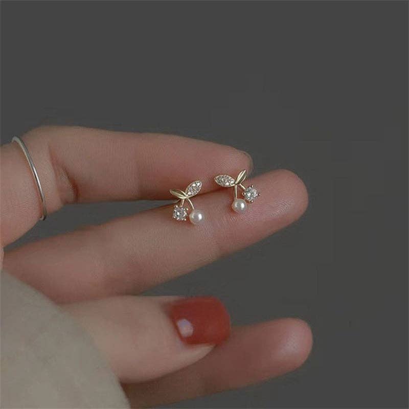 Dainty Pearl Cherry Stud Earrings in 925 Sterling Silver: Gold