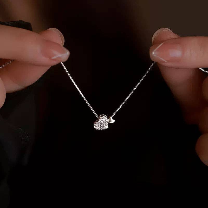 Pave Double Heart Box Chain Necklace in 925 Sterling Silver: Gold