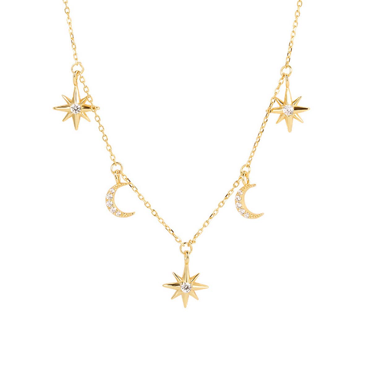 S925 Sterling Silver Gold Star and Moon Necklace: Yellow Gold