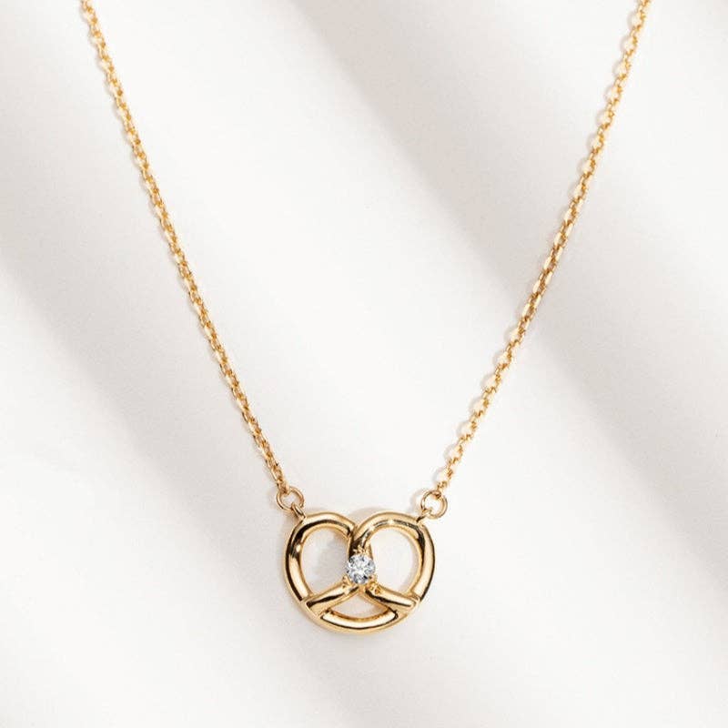 Pretzel Motif Crystal Accent Necklace in 925 Sterling Silver: Gold