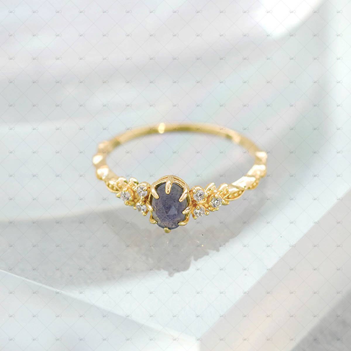 S925 Sterling Silver 14k Gold Plated Cordierite Ring: 7 size N