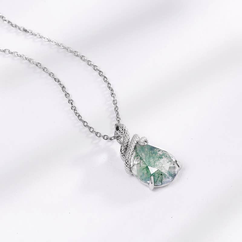 S925 Sterling Silver Snake Coiled Green Moss Stone Necklace: Necklace