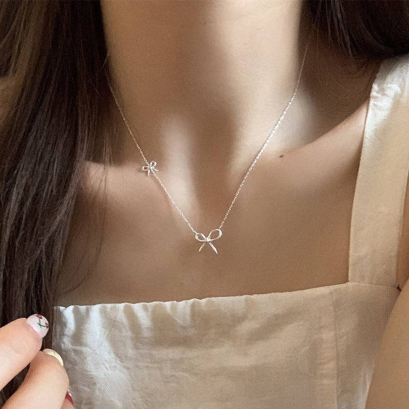 Cute Double Bow Tie Bowknot Necklace in 925 Sterling Silver