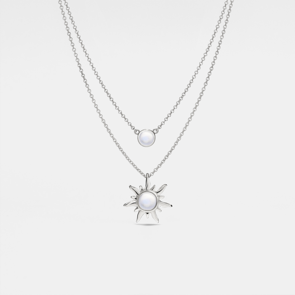 Opal Sun Moon Double Chain Necklace in 925 Sterling Silver: Gold