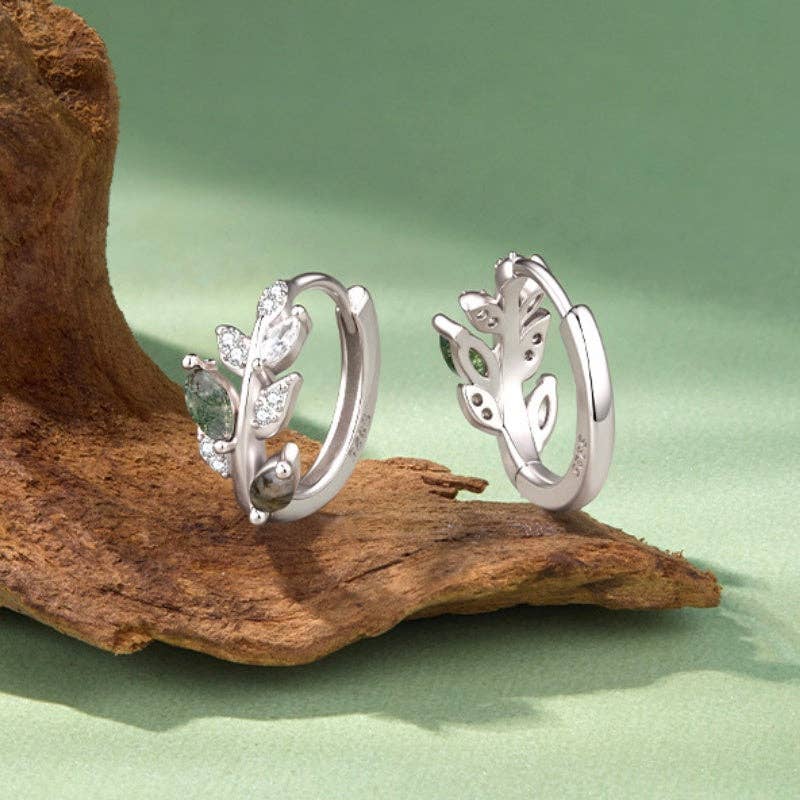 Moss Agate Leaf Branch Hoop Earrings in 925 Sterling Silver