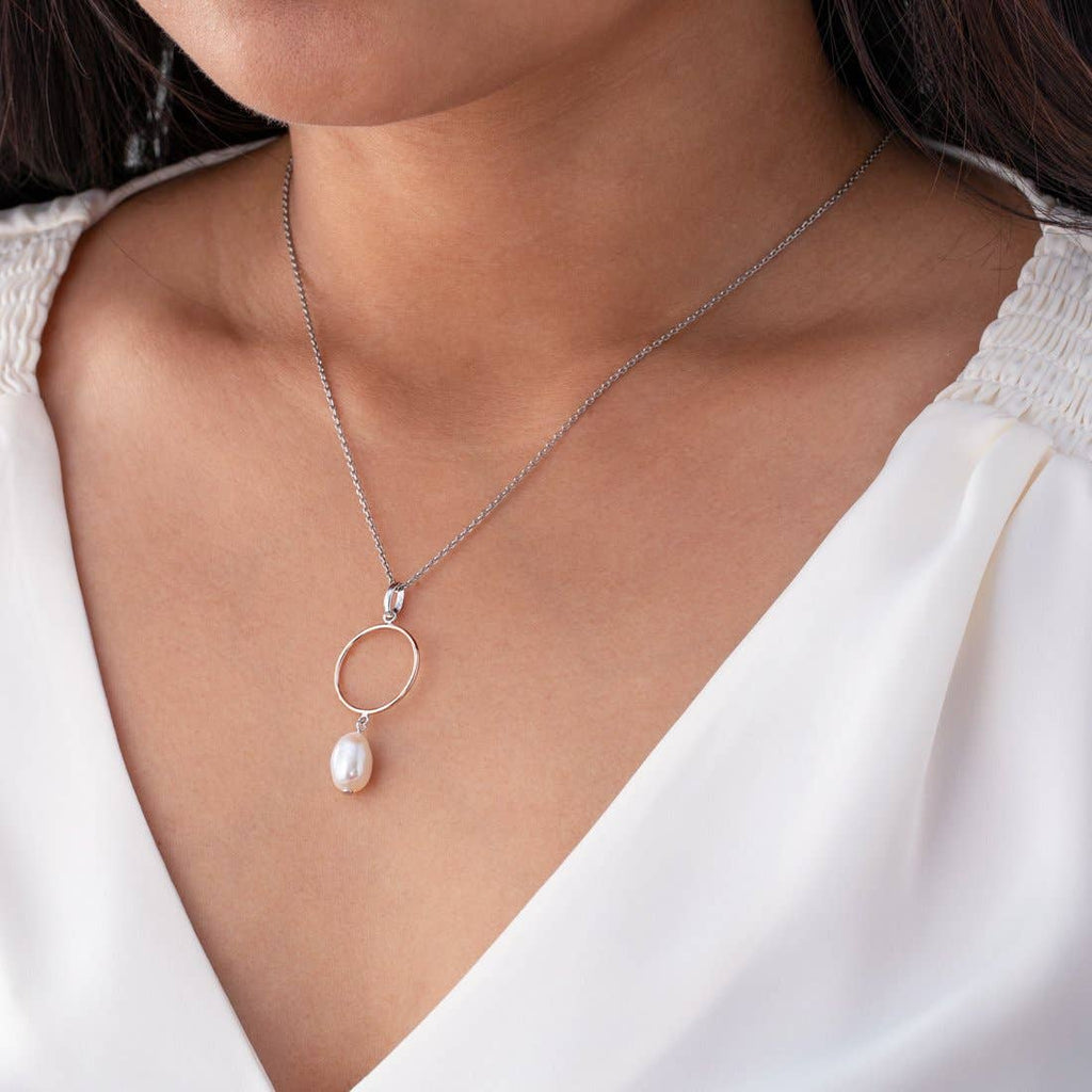 Freshwater Cultured Pearl circle design Drop Pendant Sterling Silver