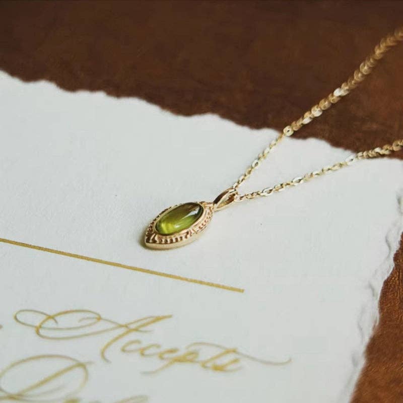 Green Oval Peridot Engraved Necklace  in 925 Sterling Silver