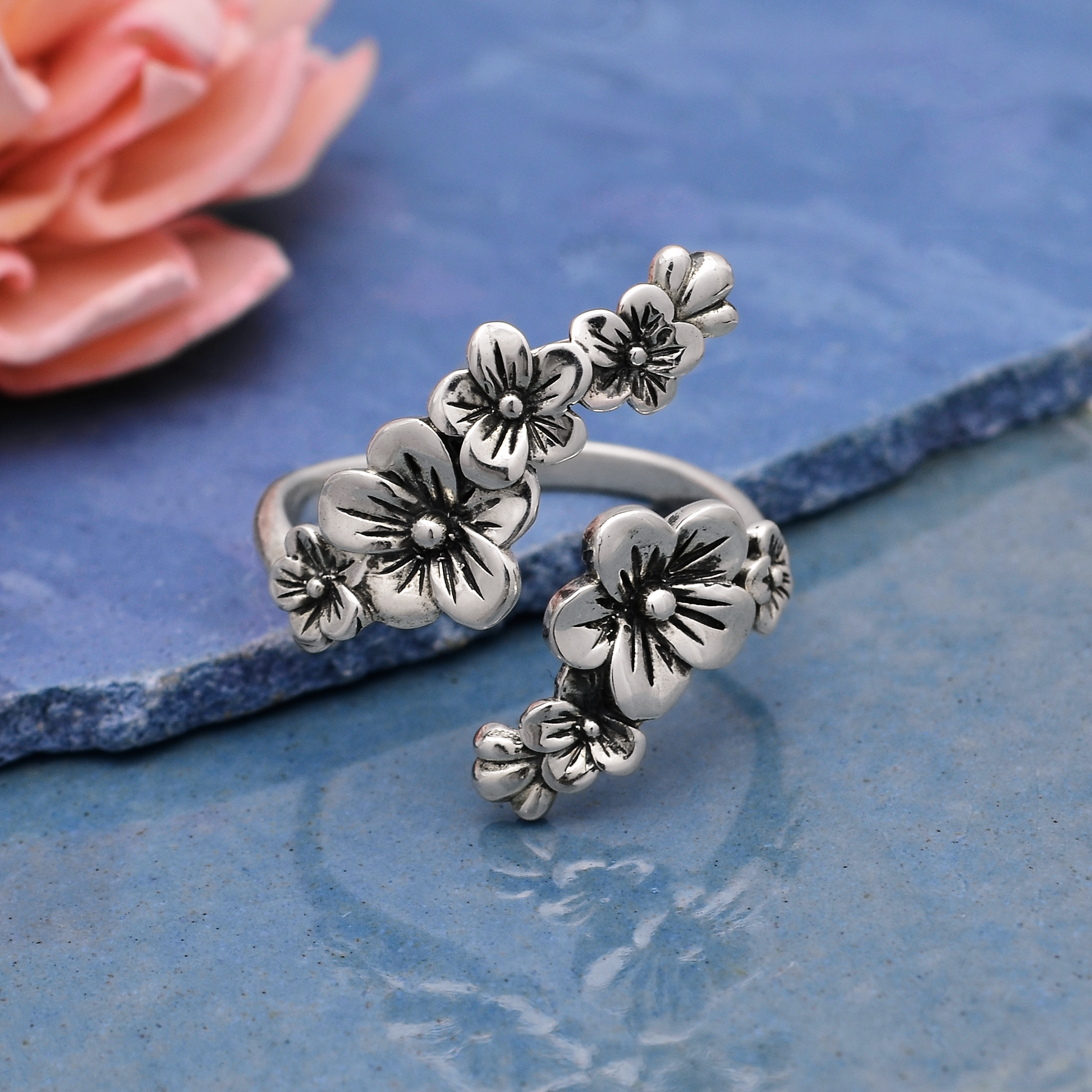 Sterling Silver or Bronze Adjustable Cherry Blossoms Ring: Bronze adjustable size O+