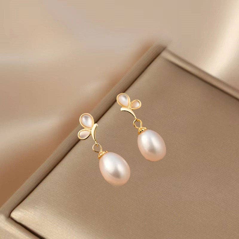 Opal Butterfly Pearl Wedding Earrings in 925 Sterling Silver: Pink