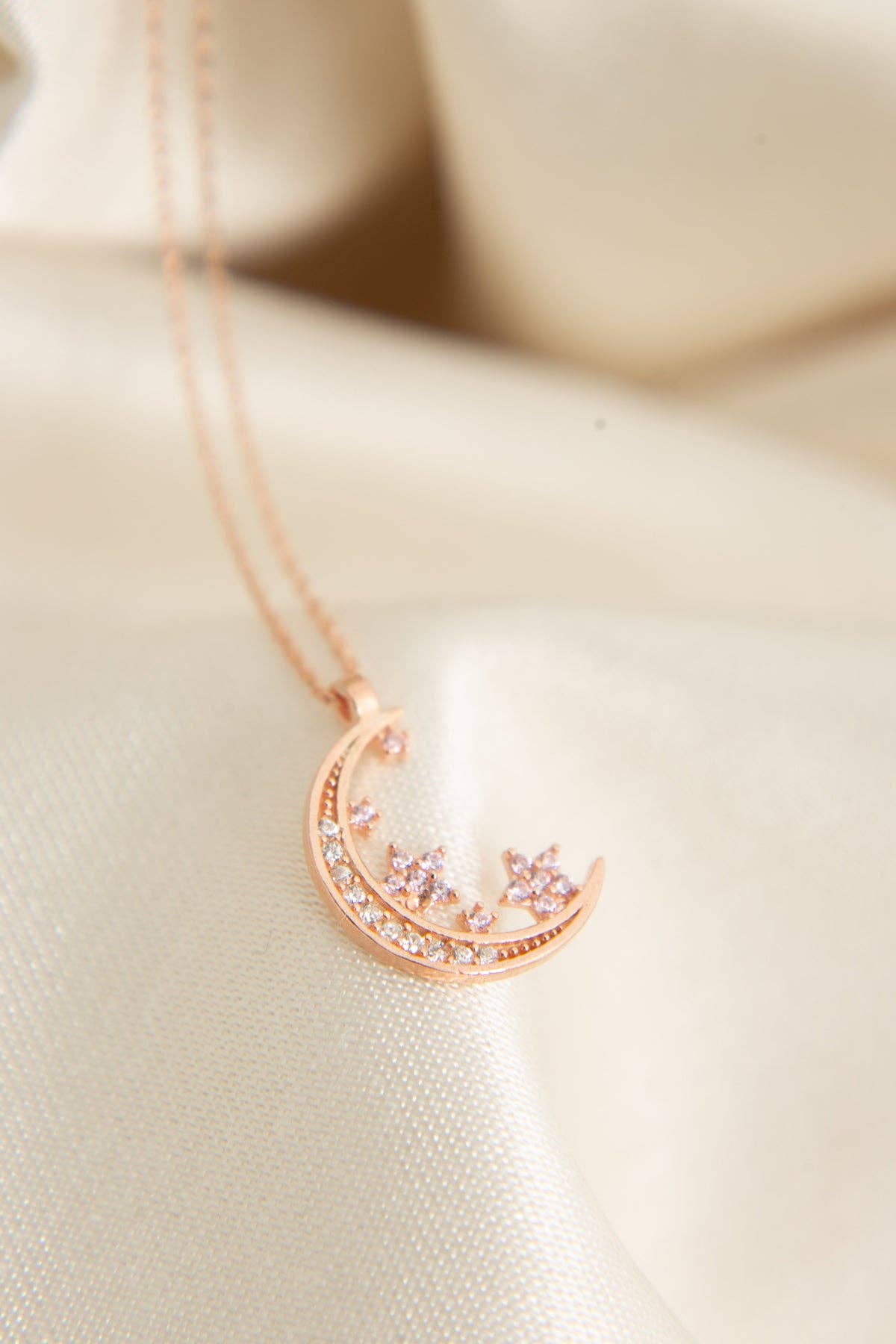 Women's 925 Sterling Silver Stone Moon and Star Necklace: ROSE GOLD