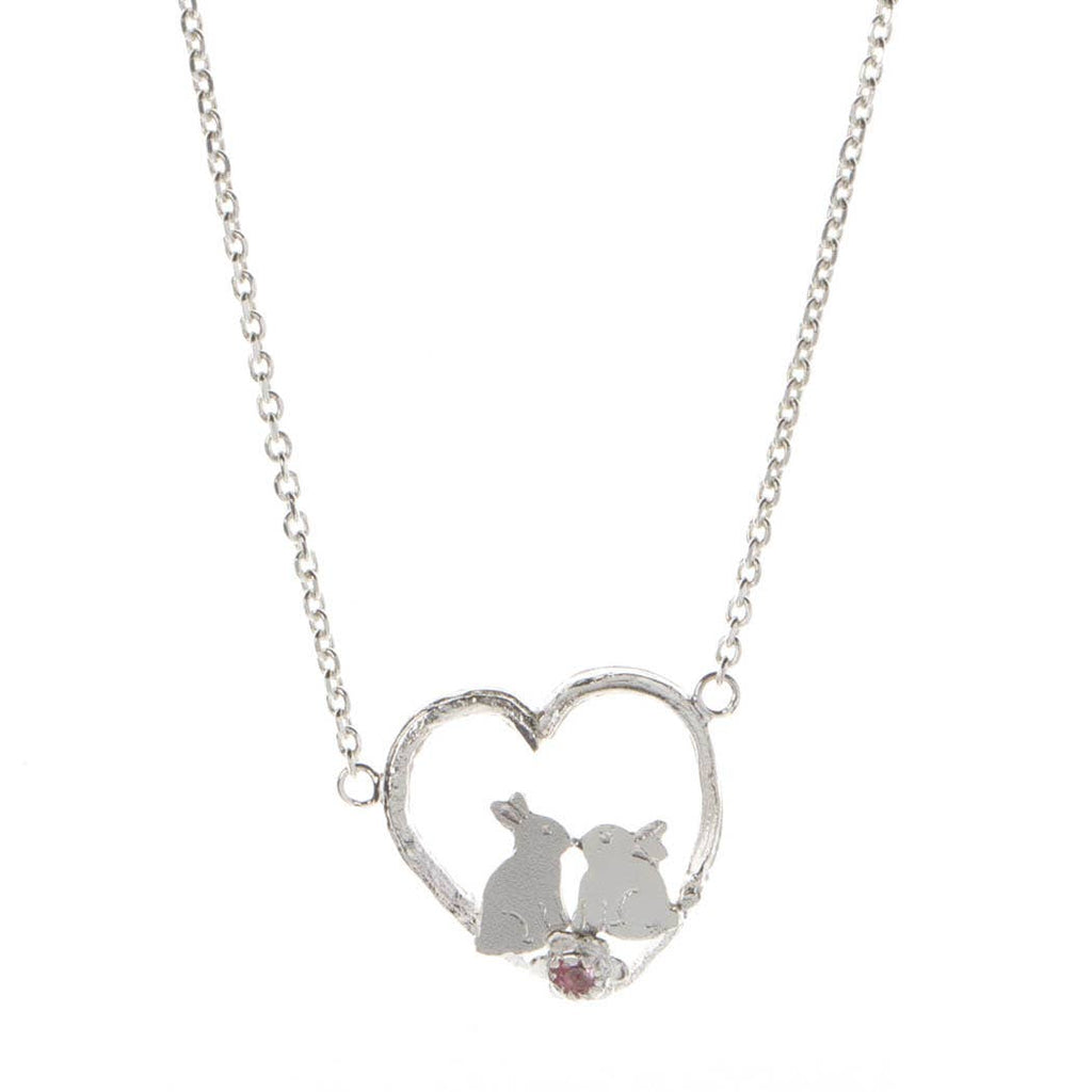 Kissing Bunnies in a Heart Necklace: 925 sterling silver / Pink tourmaline