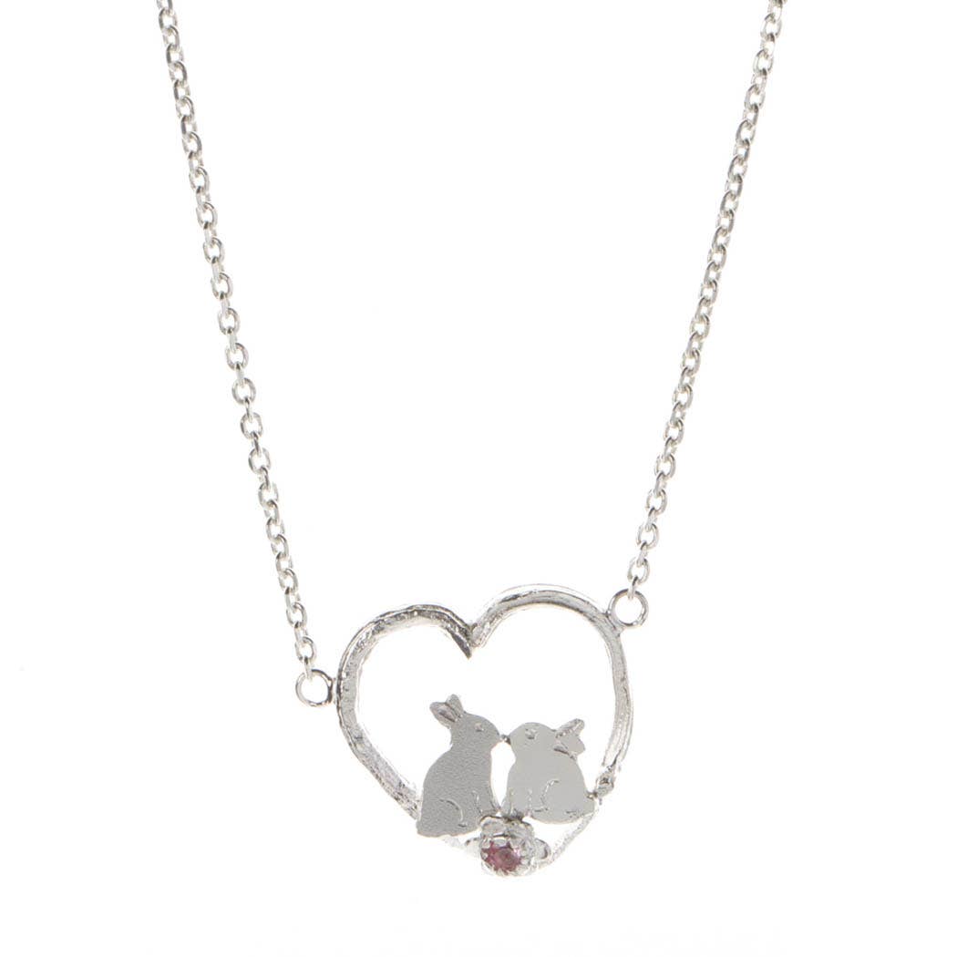 Kissing Bunnies in a Heart Necklace: 925 sterling silver / Pink tourmaline