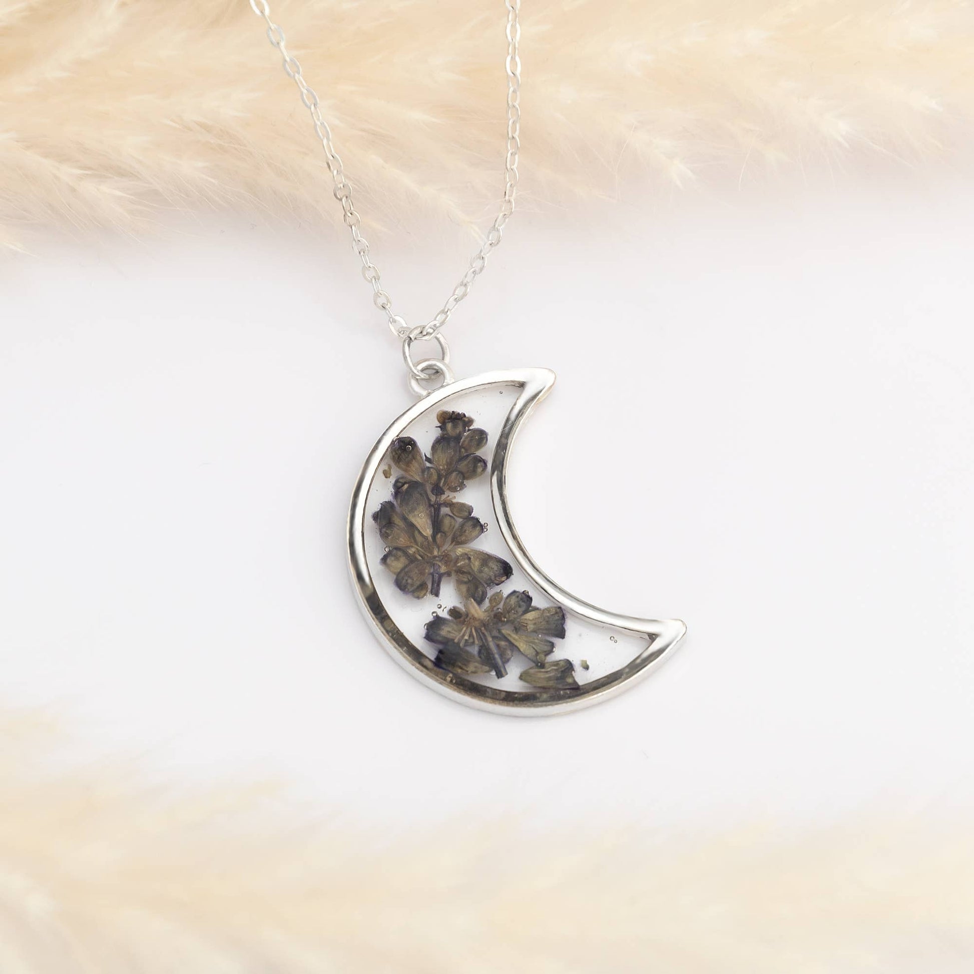 Silver crescent moon necklace with real pressed lavender