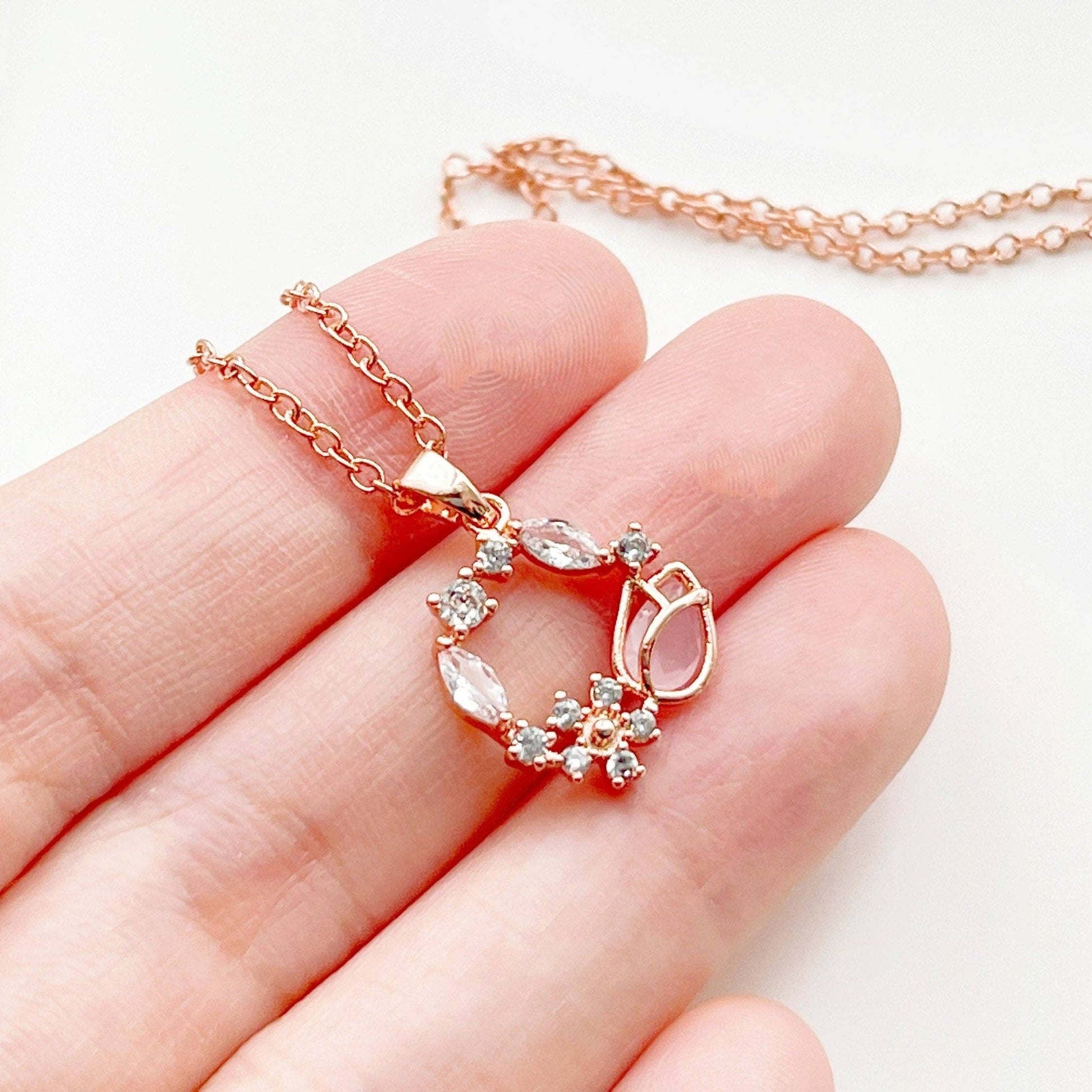 Rose Gold Pink Crystal Tulip Wreath Necklace: Necklace