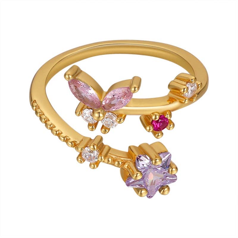 Butterfly Star Stacking Bypass Ring in 925 Sterling Silver: Gold / Blue size G