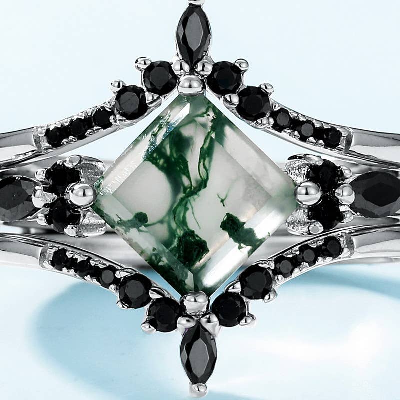 S925 Silver with Green Moss Stone Stacking Ring: size N