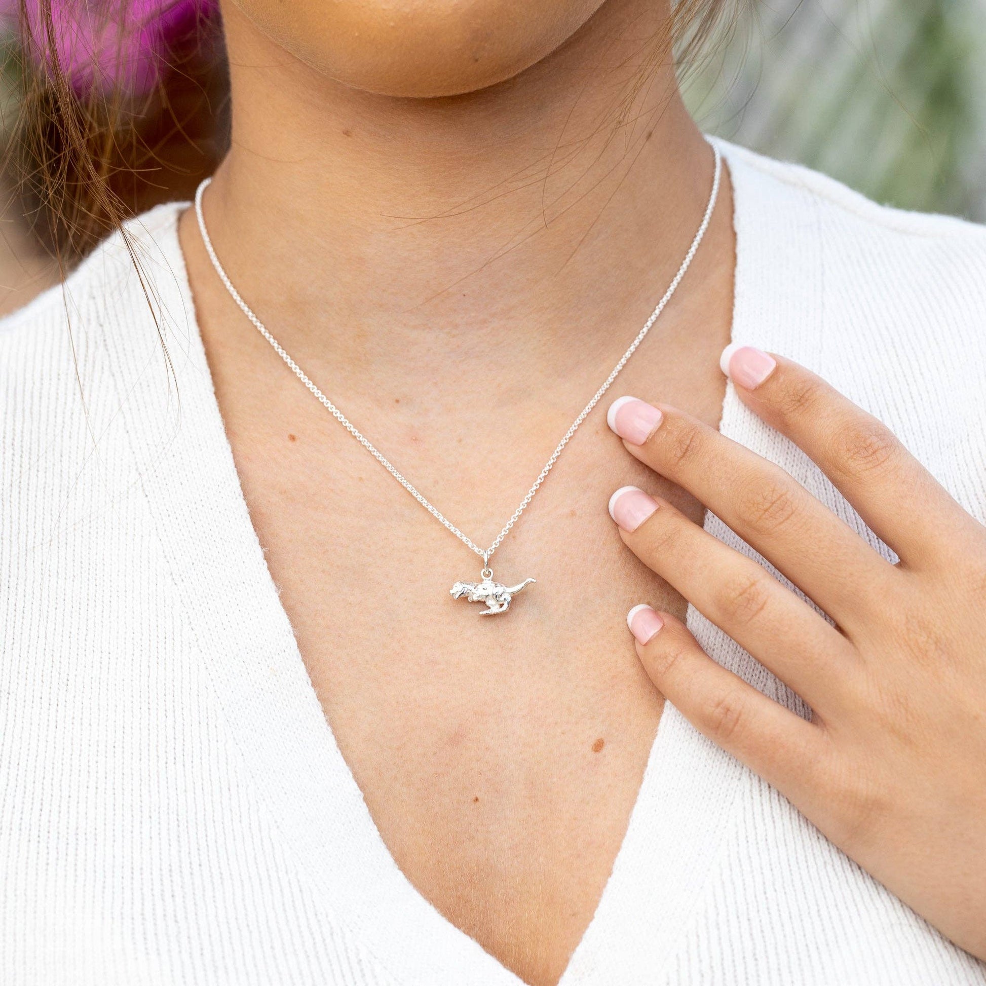 Silver T-Rex Dinosaur Charm Necklace: Chain: 40-45cm / Sterling Silver