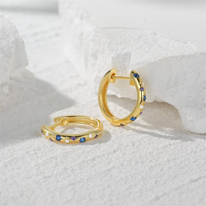 Blue Star Moon Huggie Hoop Earrings in 925 Sterling Silver: Gold