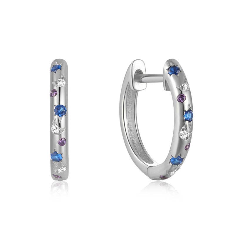 Blue Star Moon Huggie Hoop Earrings in 925 Sterling Silver: Gold