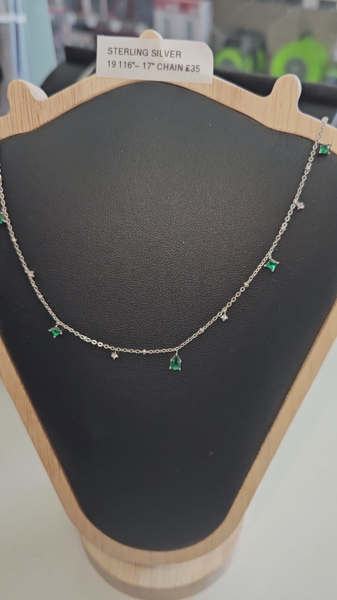 Sterling Silver Green Crystal Chain Necklace: Silver