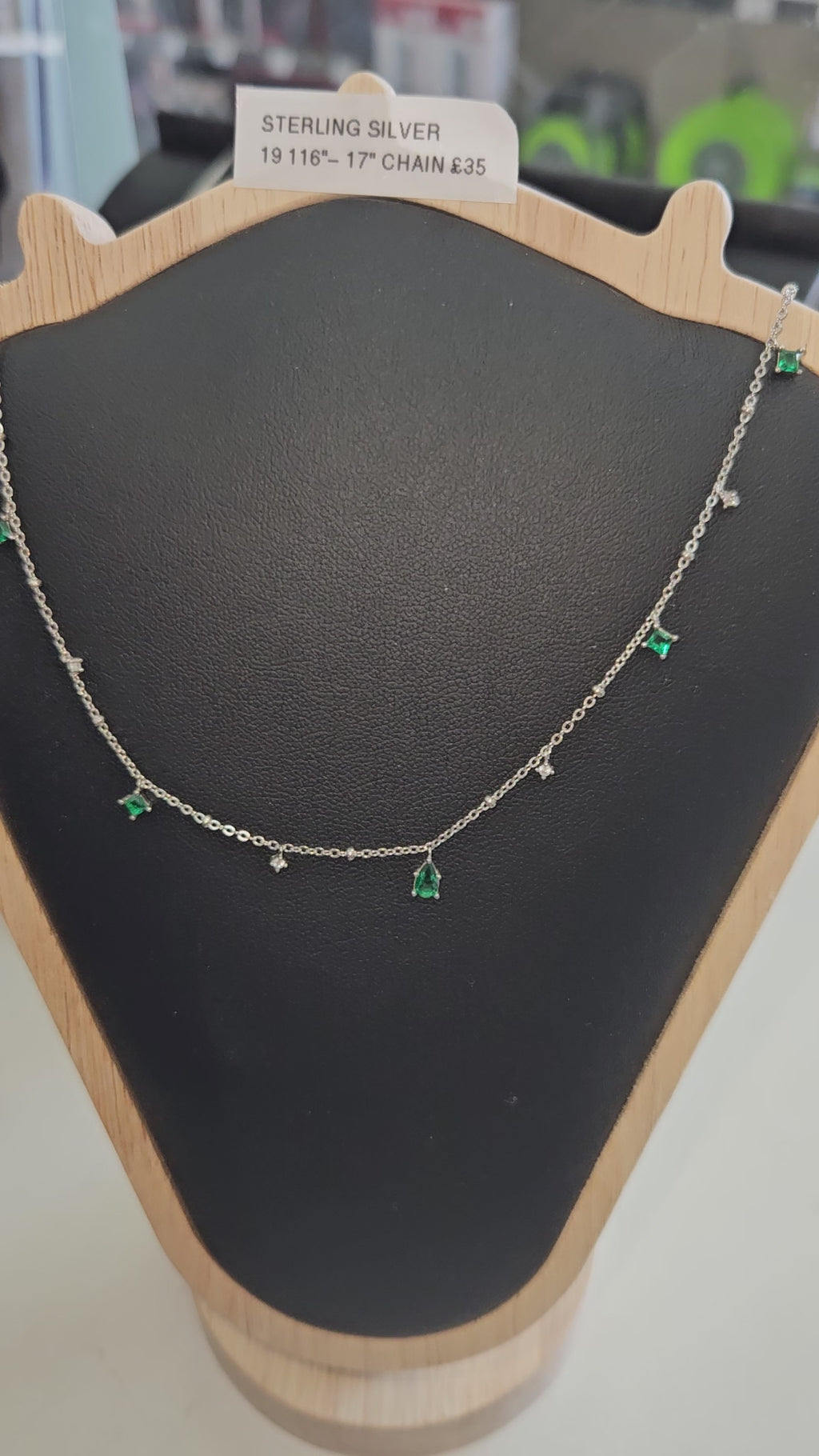 Sterling Silver Green Crystal Chain Necklace: Silver