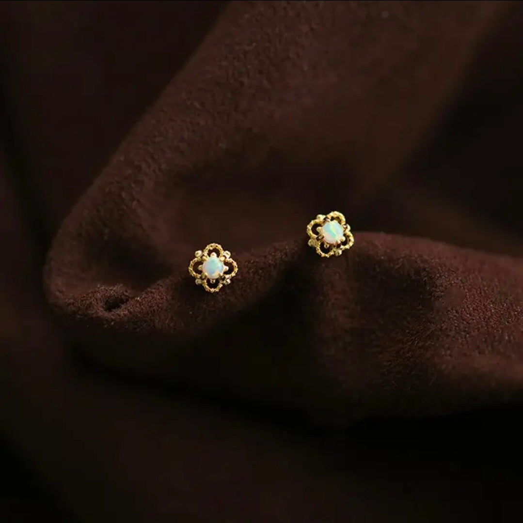 Dainty opal four leaf clover earrings 925 sterling silver