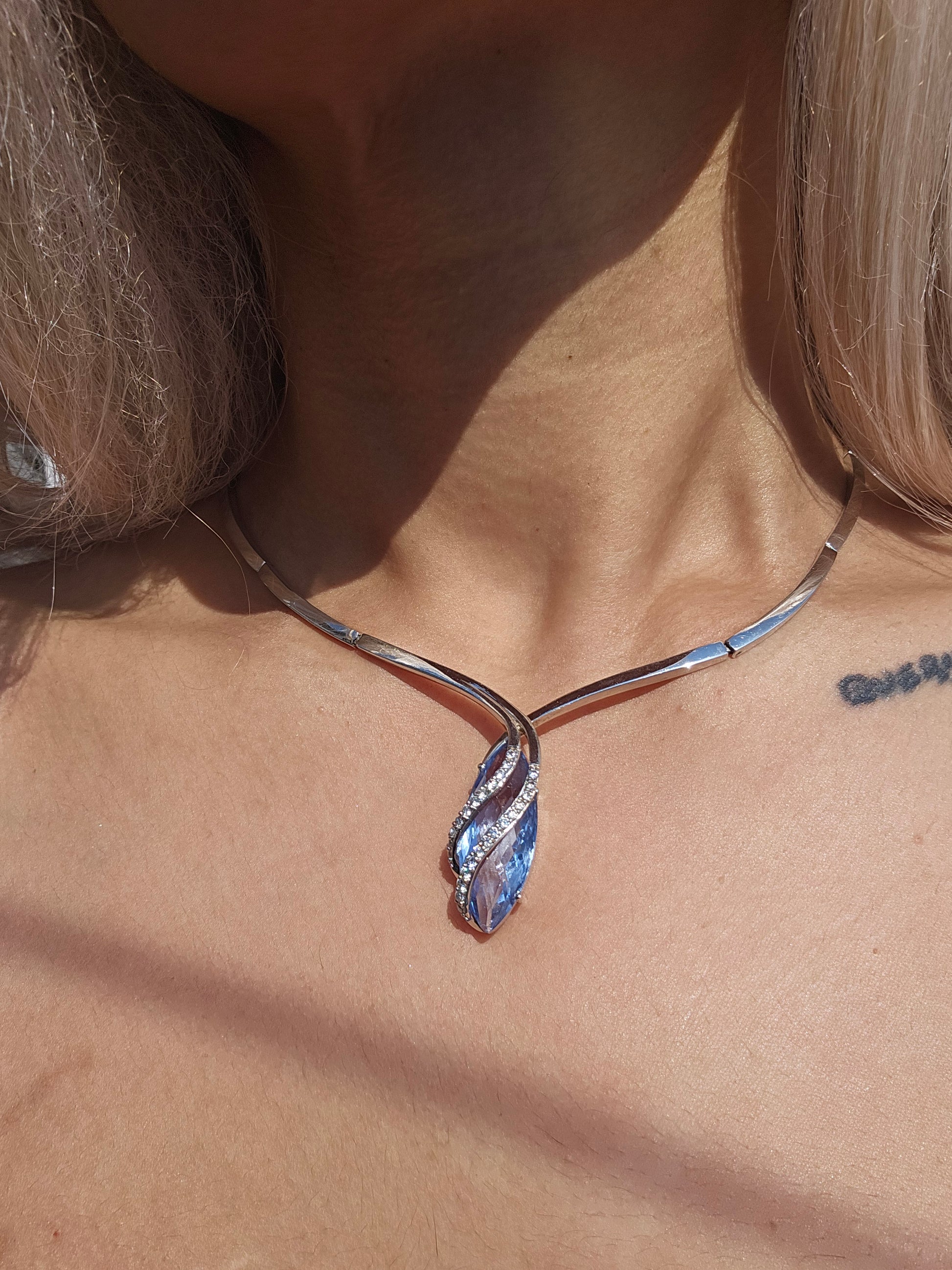 Sterling silver, blue topaz and cz collar