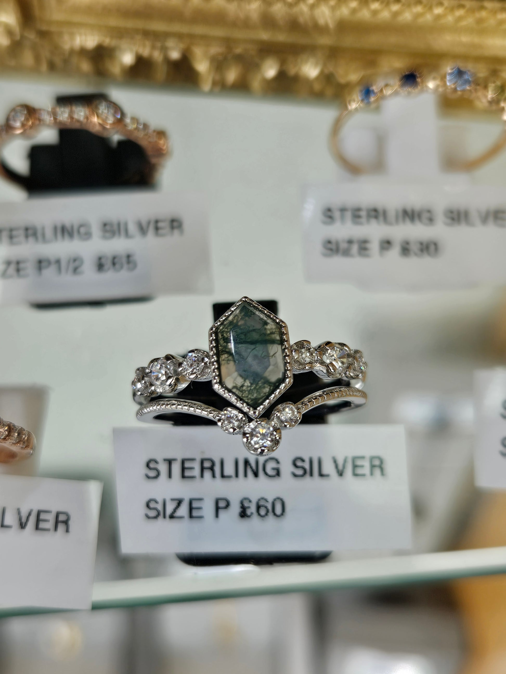 S925 Sterling Silver Hexagonal Moss Agate Stacking Ring: 8 size P